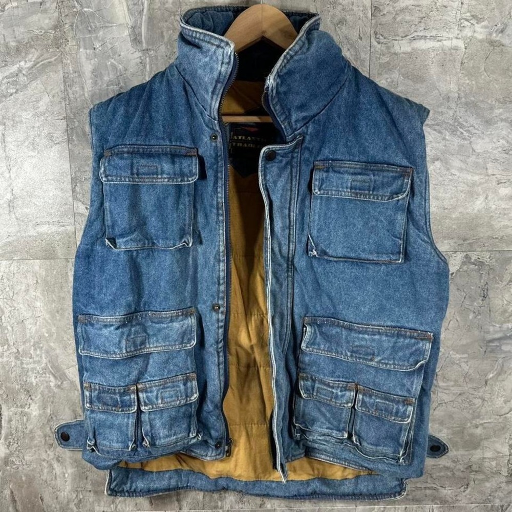 Vintage 90s Atlantic traders denim vest with multiple pockets a zip up front L